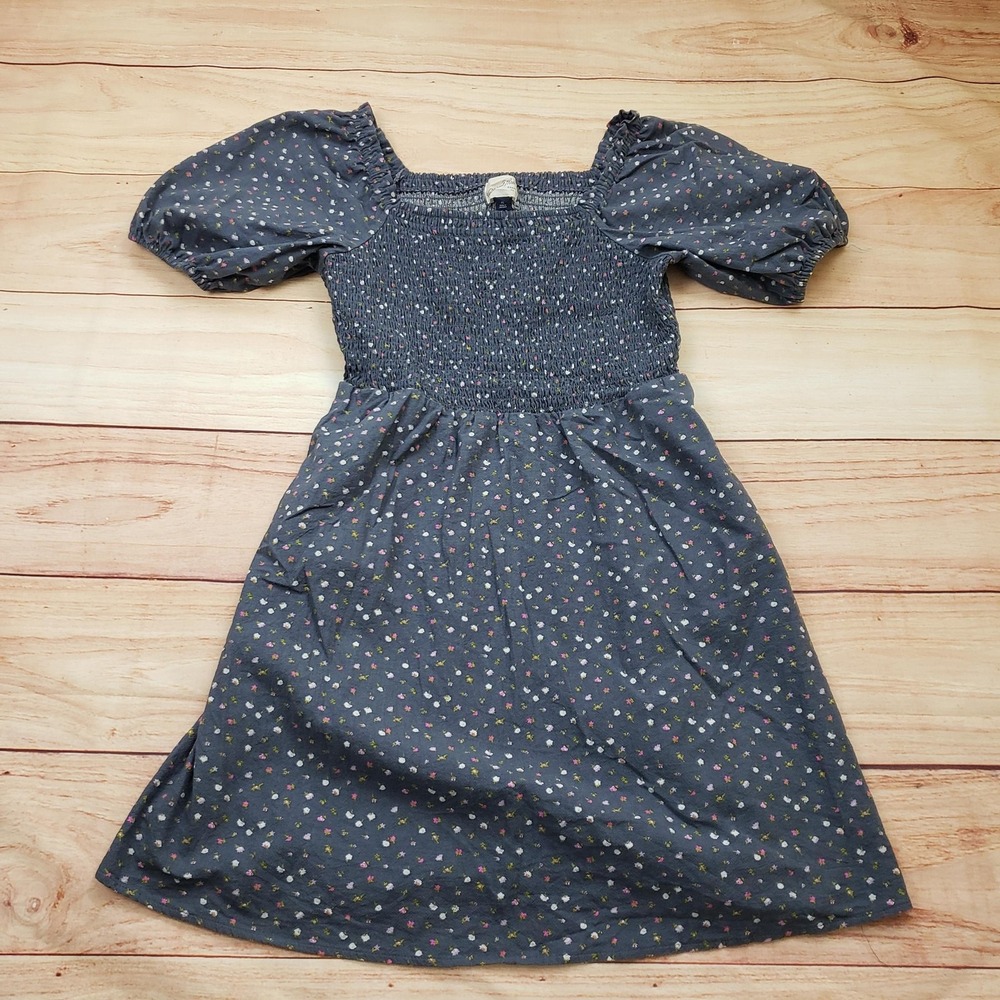 Universal Thread Dress Womens XS Blue Floral Smocked Puff Sleeve 100% Cotton